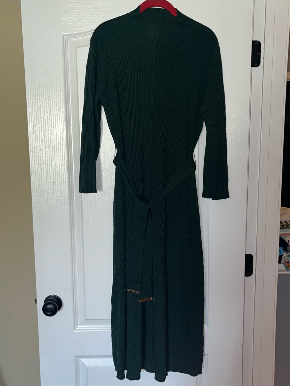 Calvin Klein Dark Green Ribbed Long-Sleeve Midi Dress with Tie Waist